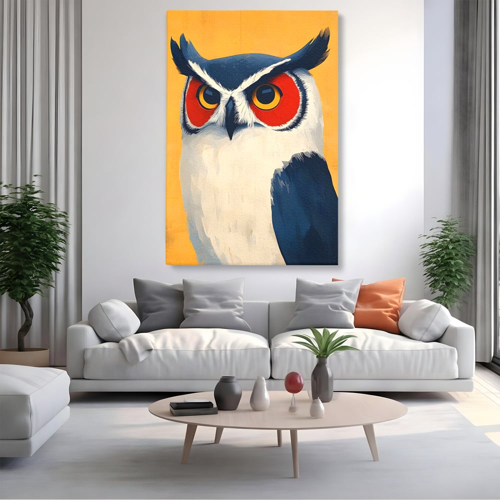 Tablou canvas cu tablou canvas cu bufnita stilizata, fara rama, pe sasiu de lemn, pe perete intr-un living